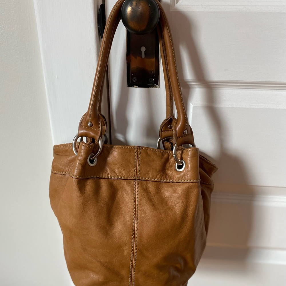 Tignanello Tan Genuine Leather Hobo Bag with Satin Striped Satin Lining. Nice!